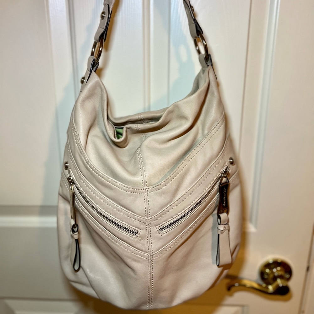 B.Makowsky Leather Bucket Handbag - Bone/Cream